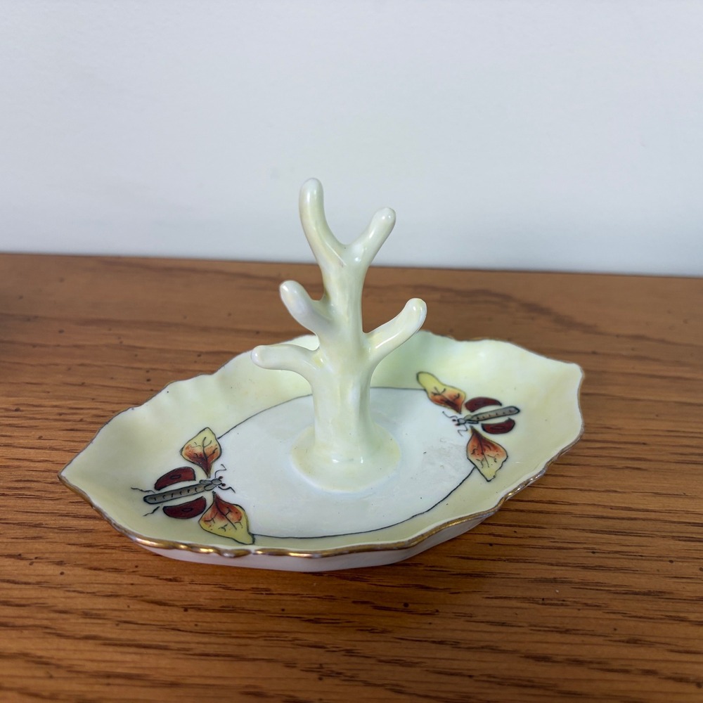 Vintage Bavaria Iridescent Porcelain Ring Holder Tree Beetle Insect Gold Trim